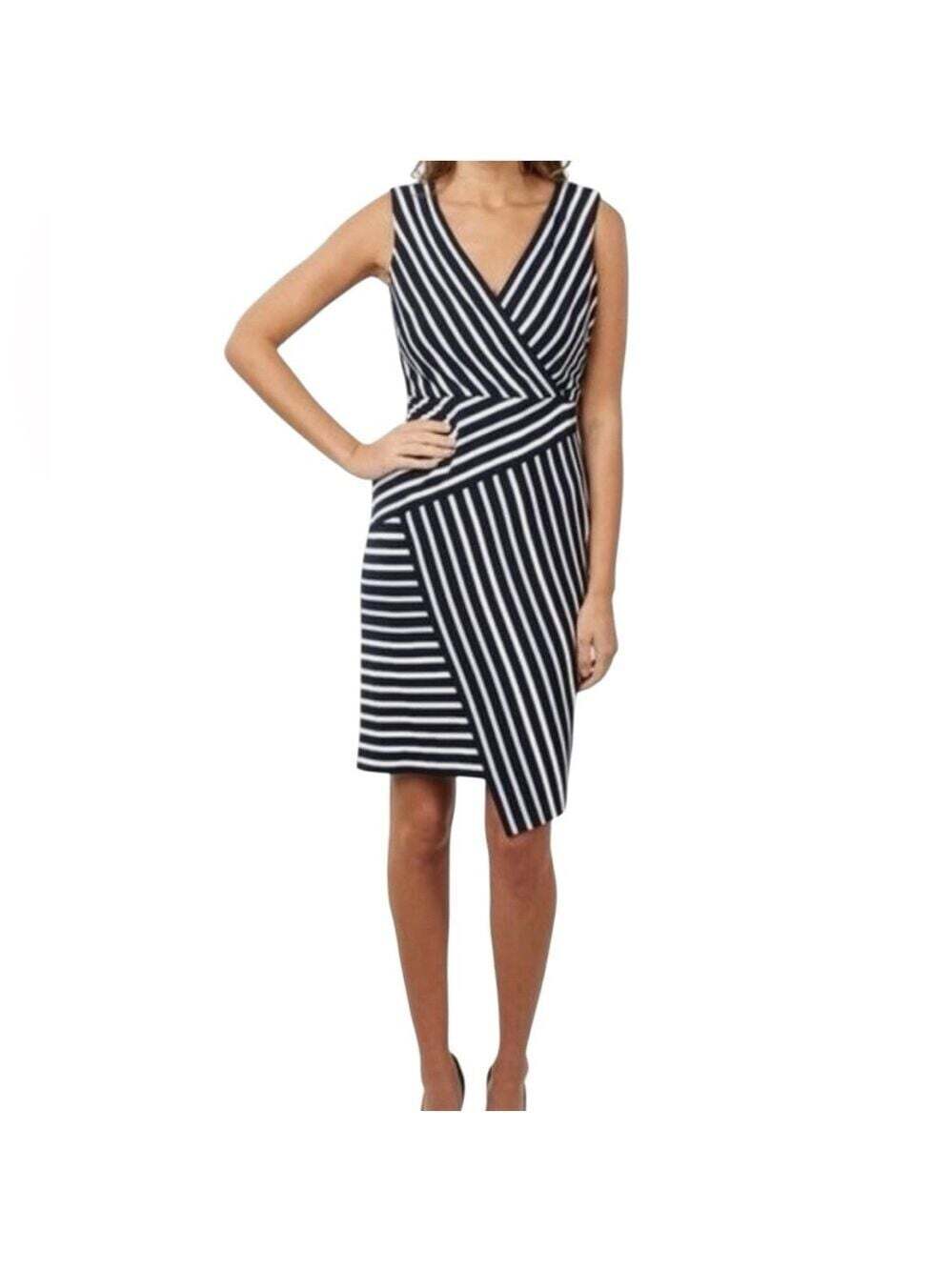 Joseph Ribkoff Size 10 Striped Sleeveless Mock Wrap Dress Blue White V Neck